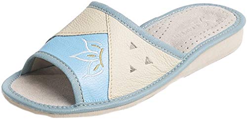 World of Leather - Zapatillas de estar por casa de cuero para mujer, color azul, talla 36 EU