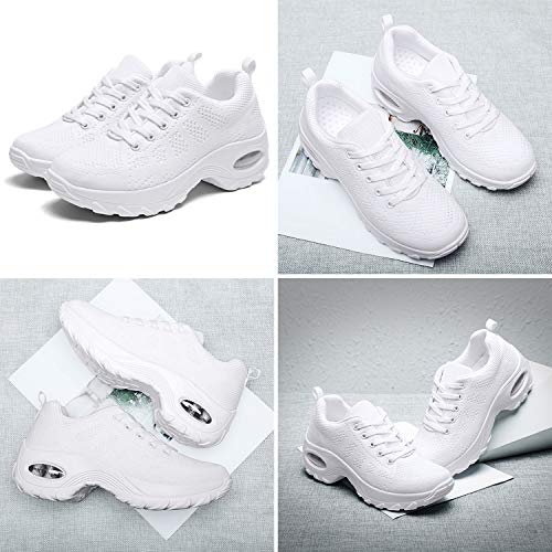 WOWEI Zapatillas Deportivas de Mujer Ligero Respirable Running Sneakers Mesh Plataforma Mocasines Zapatos de Cuña,Blanco,35 EU