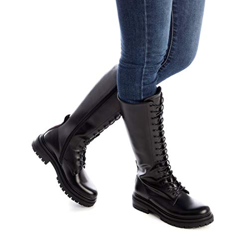 XTI - Bota plana de mujer estilo militar - Cierre con cremallera - Negro - 37 EU