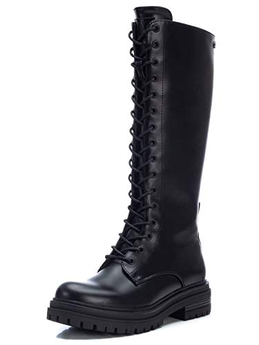 XTI - Bota plana de mujer estilo militar - Cierre con cremallera - Negro - 37 EU