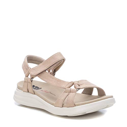 XTI - Sandalia de Cuña para Mujer - Sandalia Cierre con Velcro - Tacón 3 cm - Color Beige - Talla 38