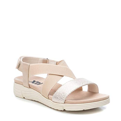 XTI - Sandalia de Cuña para Mujer - Sandalia con Tira y Velcro - Tacón 3 cm - Color Beige - Talla 38