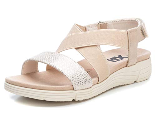XTI - Sandalia de Cuña para Mujer - Sandalia con Tira y Velcro - Tacón 3 cm - Color Beige - Talla 38