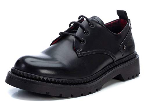 XTI - Zapato Oxford con tacón Cuadrado 3 cm para Mujer - Cierre con Cordones - Negro - 39 EU