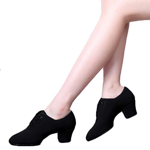 Yefree Zapatos de Baile Moderno de tacón bajo de Tango de para Mujer Zapatos de práctica de Baile Latino con Cordones Negros