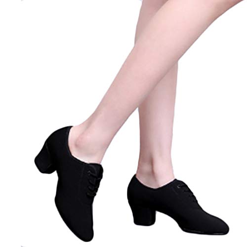 Yefree Zapatos de Baile Moderno de tacón bajo de Tango de para Mujer Zapatos de práctica de Baile Latino con Cordones Negros