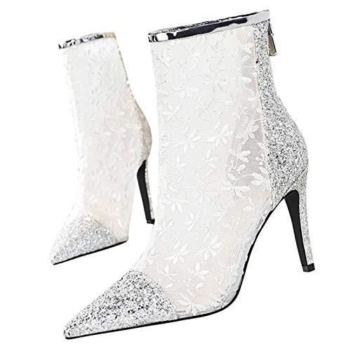 Yhjmdp Botas Sexis para Mujer tacón Alto Puntiagudas Malla Encaje Hueco Botines,Blanco,37