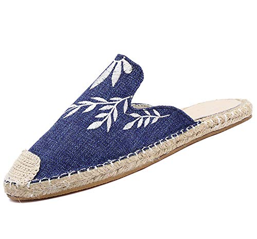 Yhjmdp Las Mujeres Bordar cáñamo Plana Zapatillas Zapatos de Lona Casuales Zapatos de Damas de Mujer Zapatos de Moda Calzado de Confort,Azul,35