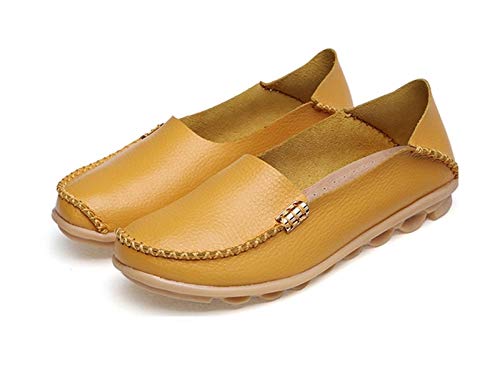 YISHIO Pisos Mujeres resbalón en los Holgazanes de la señora de los Zapatos de Cuero Genuino Enfermera Plano de los Zapatos Mocasines Mujer Casual (Color : Yelllow, Talla : 42)