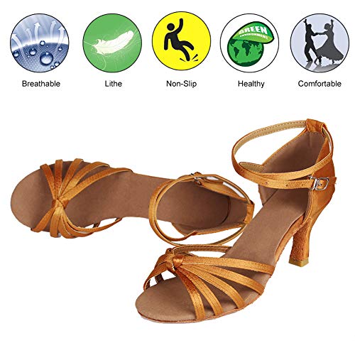 YKXLM Mujeres&Niña Zapatos Latinos de Baile Zapatillas de Baile de Salón Salsa Performance Calzado de Danza,ES217-7,Marrón Color,EU 37
