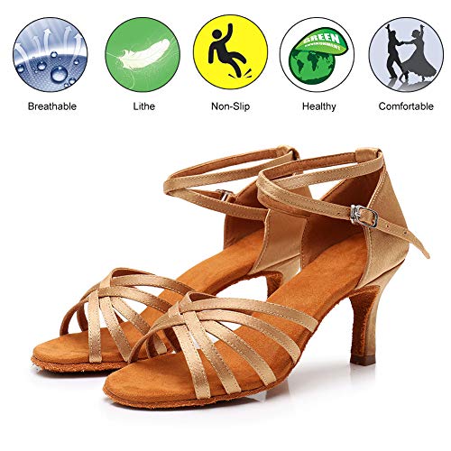 YKXLM Mujeres&Niña Zapatos Latinos de Baile Zapatillas de Baile de salón Salsa Performance Calzado de Danza,ESLP1213-7,Beige Color,EU 38