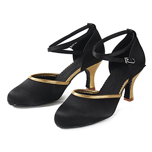 YKXLM Mujeres&Niña Zapatos latinos de baile Zapatillas de baile de salón Salsa Performance Calzado de Danza,ESWXCL-7,Negro+Oro color,EU 38