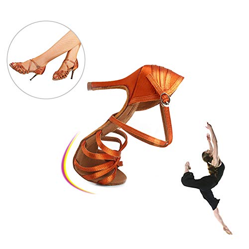 YKXLM Satín Mujeres Salón de Baile Latino Zapatos Zapatos de Baile Latino para Mujeres Modelo ES-WX2324,Marrón-5.5CM, 34 EU