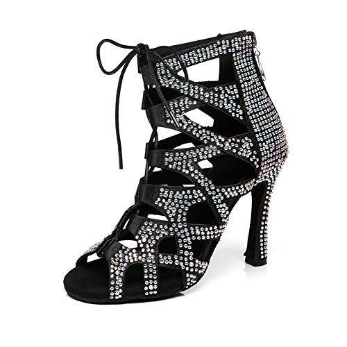 YKXLM Zapatos Baile Latinos Mujer Diamante de Imitación Salónde Baile Suela de Ante Boda Noche Zapatos,Modelo YCL439,Negro-10CM Heel-37 EU