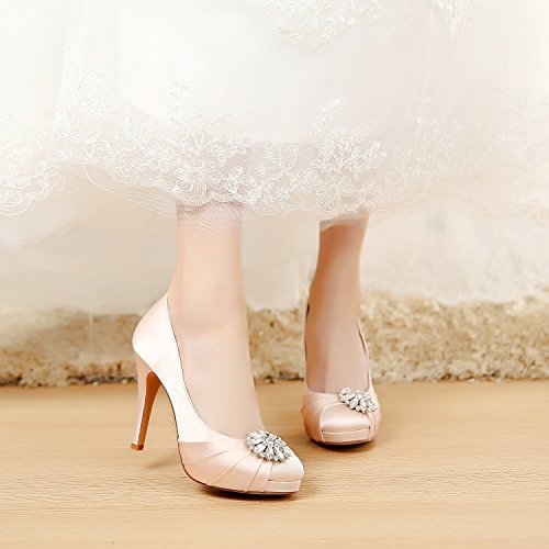 YOOZIRI Zapatos de boda de satén combinados con encaje y diamantes de imitación, zapatos de novia de tacón alto para mujer de 11,4 cm, color Beige, talla 36 EU