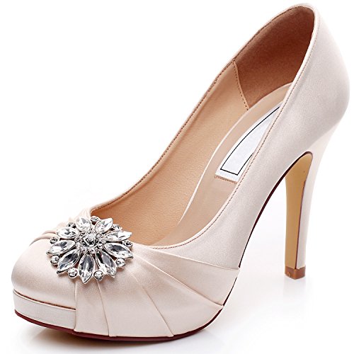 YOOZIRI Zapatos de boda de satén combinados con encaje y diamantes de imitación, zapatos de novia de tacón alto para mujer de 11,4 cm, color Beige, talla 36 EU