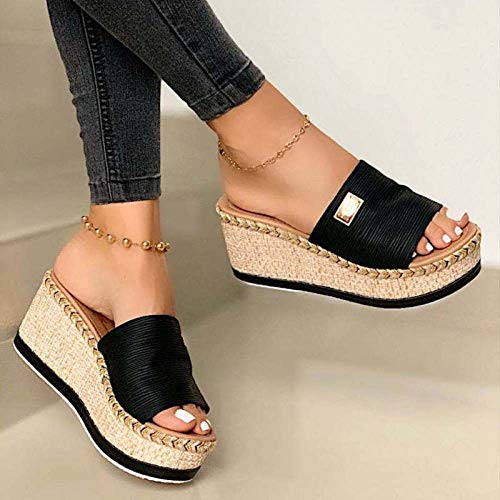 ypyrhh Zapatos para casa con Punta Abierta de Secado rápido,Zapatos de Mujer con Plataforma de bizcocho,Transpirables y cómodos en un Solo Drag-Black_39,Sandalias de cuña Baja con Tiras en la Puntera