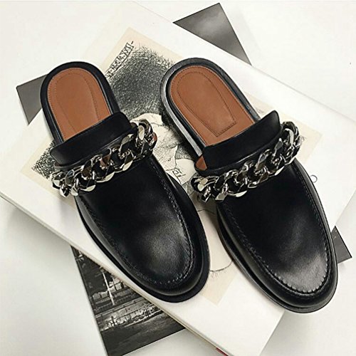 Yuanu Mujer Verano Color Sólido Tacón Bloque Casual Sandalias Sin Cordones, Desgaste Resistente Desodorización Ligero Transpirable Chanclas con Metal Cadena Decoración Negro 36