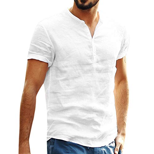 Yvelands Hombres Baggy algodón de Lino Manga Corta Retro Camisetas Tops Blusa Cómodo y Transpirable(Blanco,M)