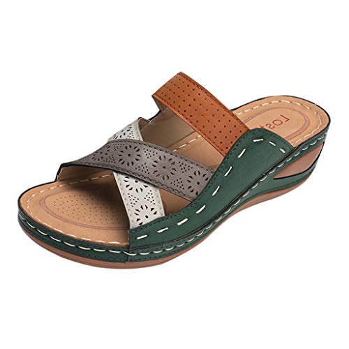 YWLINK Sandalias Romanas para Mujer Zapatillas De TacóN De CuñA Hueca De Verano Zapatos De Playa CóModos Y Antideslizantes Sandalias Planas Colorblock Talla Grande(Verde,40EU)