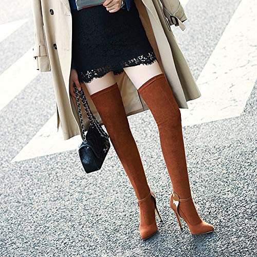 YZT QUEEN Botas sobre la Rodilla para Mujer, Botas sobre la Rodilla de Ante Elegantes y sexys, Ribete de Hebilla de cinturón, Botas de tacón de Aguja con Punta Puntiaguda,Camel,33.5EU/1.5UK