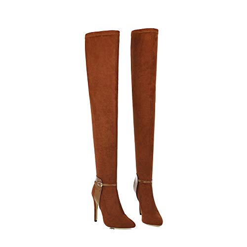 YZT QUEEN Botas sobre la Rodilla para Mujer, Botas sobre la Rodilla de Ante Elegantes y sexys, Ribete de Hebilla de cinturón, Botas de tacón de Aguja con Punta Puntiaguda,Camel,33.5EU/1.5UK