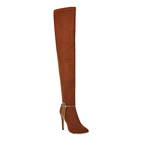 YZT QUEEN Botas sobre la Rodilla para Mujer, Botas sobre la Rodilla de Ante Elegantes y sexys, Ribete de Hebilla de cinturón, Botas de tacón de Aguja con Punta Puntiaguda,Camel,33.5EU/1.5UK