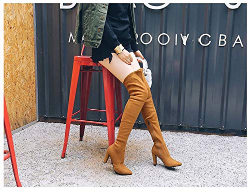 YZT QUEEN Mujer Botas sobre la Rodilla, Botas Altas de Gamuza elástica Informal de Moda, Botas de tacón Alto de Oficina de Ocio de Invierno,Marrón,37EU/3.5UK