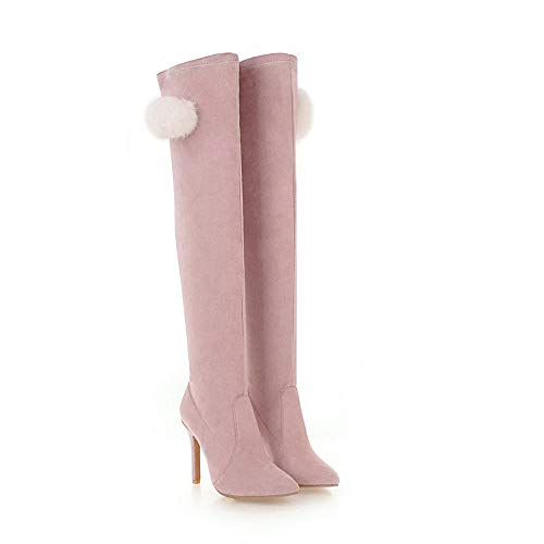 YZT QUEEN Mujer Botas sobre la Rodilla, Mangas elásticas únicas con Botas Altas de Gamuza hasta el Muslo, Botas Informales de tacón Alto con Pompones,Rosado,37EU/3.5UK
