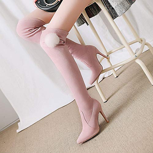YZT QUEEN Mujer Botas sobre la Rodilla, Mangas elásticas únicas con Botas Altas de Gamuza hasta el Muslo, Botas Informales de tacón Alto con Pompones,Rosado,37EU/3.5UK
