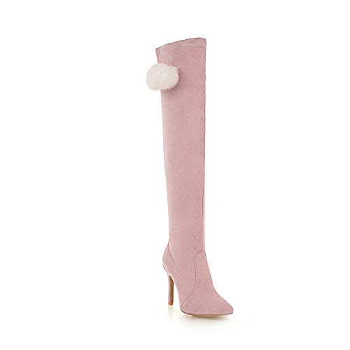 YZT QUEEN Mujer Botas sobre la Rodilla, Mangas elásticas únicas con Botas Altas de Gamuza hasta el Muslo, Botas Informales de tacón Alto con Pompones,Rosado,37EU/3.5UK