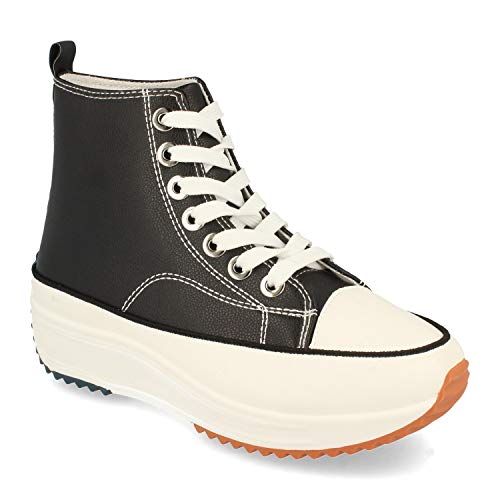 Zapatilla Abotinada, Comodas, Estilo Bamba, Material de Polipiel, con Plataforma, Cierre de Cordones, Primavera Verano 2021. Talla 38 Negro