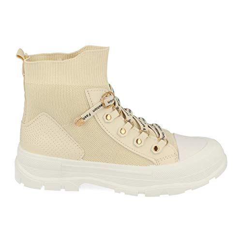 Zapatilla Abotinada para Mujer, de Estilo Calcetin Elastico, y Cierre de Cordon con Hebilla, Primavera Verano 2021. Talla 40 Beige