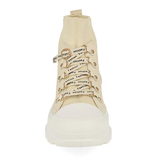 Zapatilla Abotinada para Mujer, de Estilo Calcetin Elastico, y Cierre de Cordon con Hebilla, Primavera Verano 2021. Talla 40 Beige