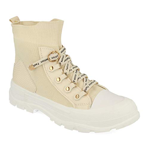 Zapatilla Abotinada para Mujer, de Estilo Calcetin Elastico, y Cierre de Cordon con Hebilla, Primavera Verano 2021. Talla 40 Beige