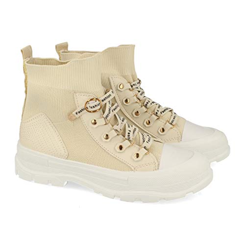 Zapatilla Abotinada para Mujer, de Estilo Calcetin Elastico, y Cierre de Cordon con Hebilla, Primavera Verano 2021. Talla 40 Beige