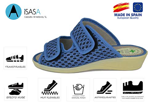 Zapatilla de señora Isasa Capri Azul, de Farmacia, Doble Velcro Abierta Fabricada en Rejilla MORBI Azul con Dos velcros para un Ajuste idoneo para pies delicados (Numeric_37)