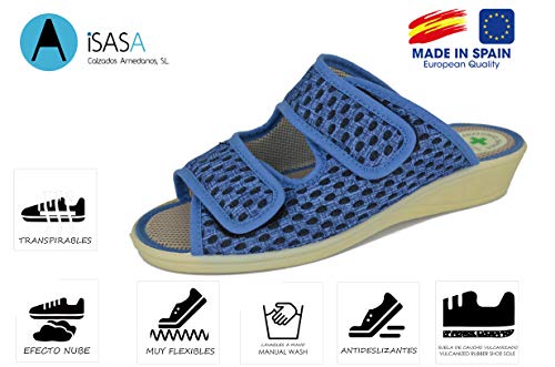Zapatilla de señora Isasa Capri Azul, de Farmacia, Doble Velcro Abierta Fabricada en Rejilla MORBI Azul con Dos velcros para un Ajuste idoneo para pies delicados (Numeric_37)