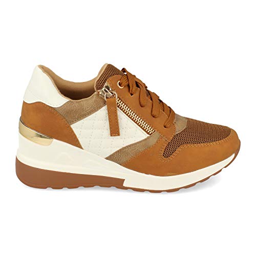 Zapatilla para Mujer, con Cuna, Cremallera de Adorno, y Cierre de Cordones, Primavera Verano 2021. Talla 39 Camel