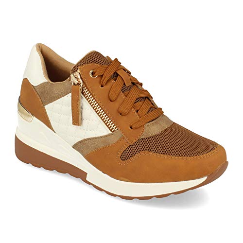 Zapatilla para Mujer, con Cuna, Cremallera de Adorno, y Cierre de Cordones, Primavera Verano 2021. Talla 39 Camel