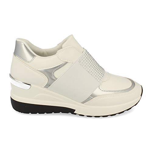 Zapatilla para Mujer, con Cuna, Tira Elastica con Strass en el Empeine, Otono Invierno 2020. Talla 38 Blanco