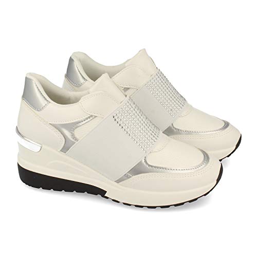 Zapatilla para Mujer, con Cuna, Tira Elastica con Strass en el Empeine, Otono Invierno 2020. Talla 38 Blanco