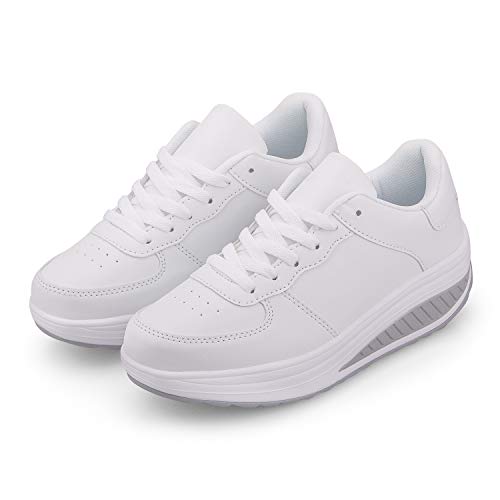 Zapatillas Casual para Mujer Zapatillas de Deporte Gimnasio Zapatos Cuña Cómodos Sneakers para Trotar Compras Blanco 36