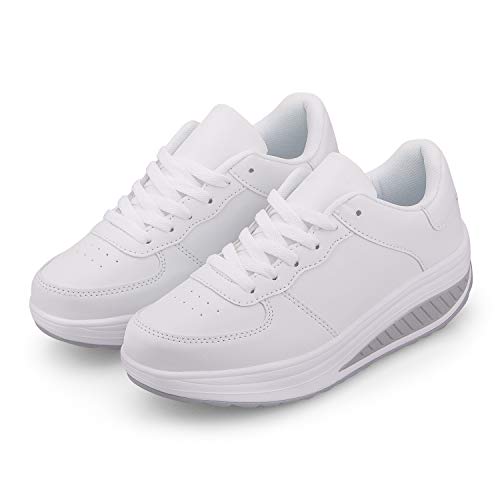 Zapatillas Casual para Mujer Zapatillas de Deporte Gimnasio Zapatos Cuña Cómodos Sneakers para Trotar Compras Blanco 38