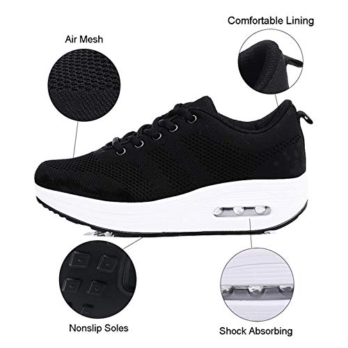 Zapatillas cuña Mujer Deportivas cuña Mujer Zapatos Deporte Gimnasio Zapatillas de Running Ligero Sneakers Cómodos Fitness Zapatos de Trabajo Negro A 36EU