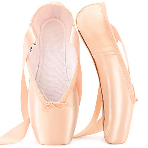 Zapatillas de Ballet de Punta Zapatillas de Danza Profesionales Rosadas con Cinta Cosida y Almohadillas de Silicona para niñas y Mujeres