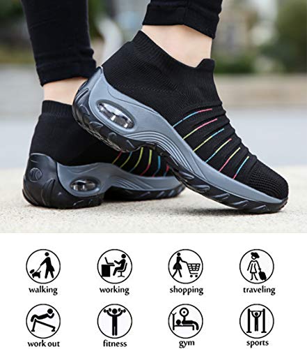 Zapatillas de Deporte para Mujer Calzado de Gimnasia Calzado Ligero para Correr Calcetines cómodos y Transpirables Calzado sin Cordones Senderismo al Aire Libre Calzado con cuña，2089 Black01 36