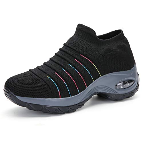 Zapatillas de Deporte para Mujer Calzado de Gimnasia Calzado Ligero para Correr Calcetines cómodos y Transpirables Calzado sin Cordones Senderismo al Aire Libre Calzado con cuña，2089 Black01 36