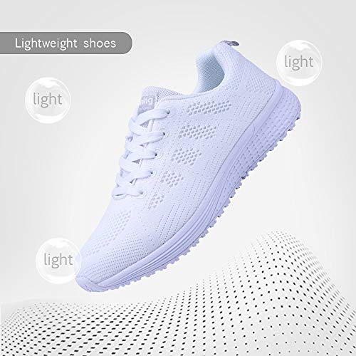 Zapatillas de Deportivos de Running para Mujer Gimnasia Ligero Sneakers Negro Azul Gris Blanco 35-40 Blanco 37