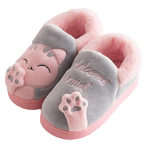 Zapatillas de Estar por Casa para Niño Niña Zapatos Pantuflas Invierno Mujer Hombre Interior Caliente Peluche Forradas Slippers, Gato Gris, 25/26 EU(talla fabricante 18/19)